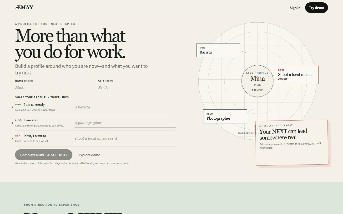 ÆMAY landing page introducing identity beyond job titles