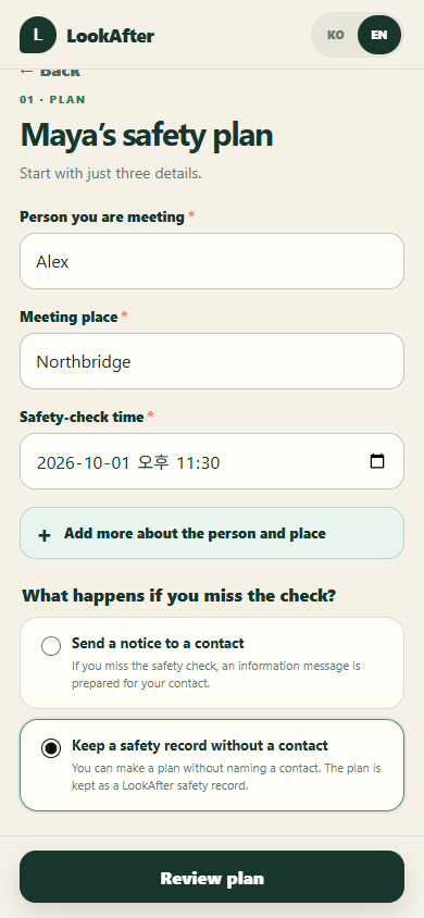 LOOKAFTER public demo safety-plan form with person, place and check-in time