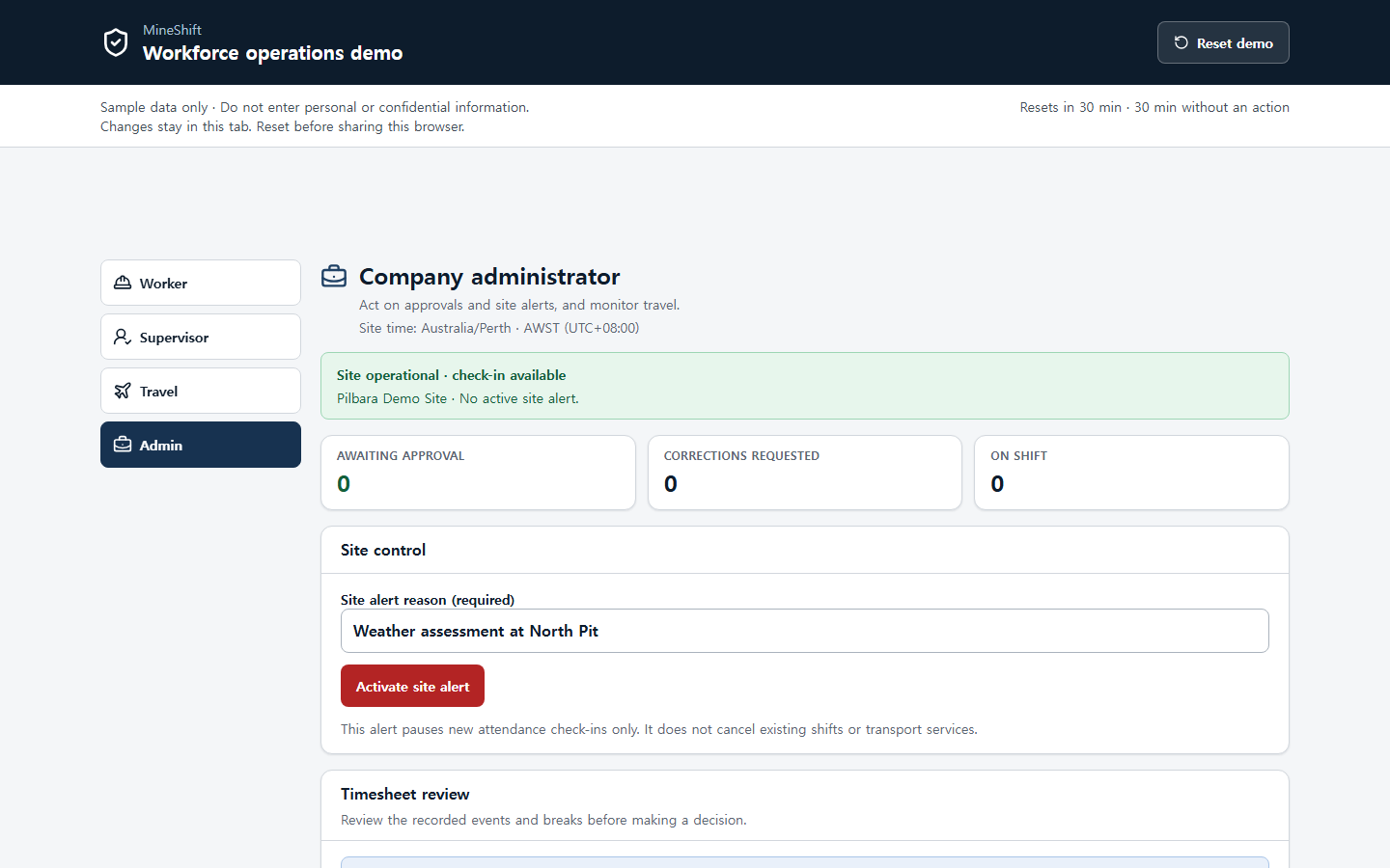 MineShift admin view for site operations in the demo
