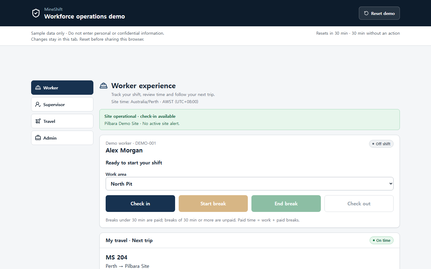 MineShift interactive demo worker view with shift check-in controls