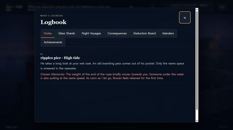 Mira's Logbook showing notes and voyage records